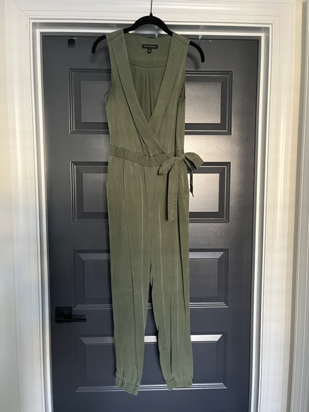 Banana Republic Olive Green Sleeveless Wrap-Front Jumpsuit